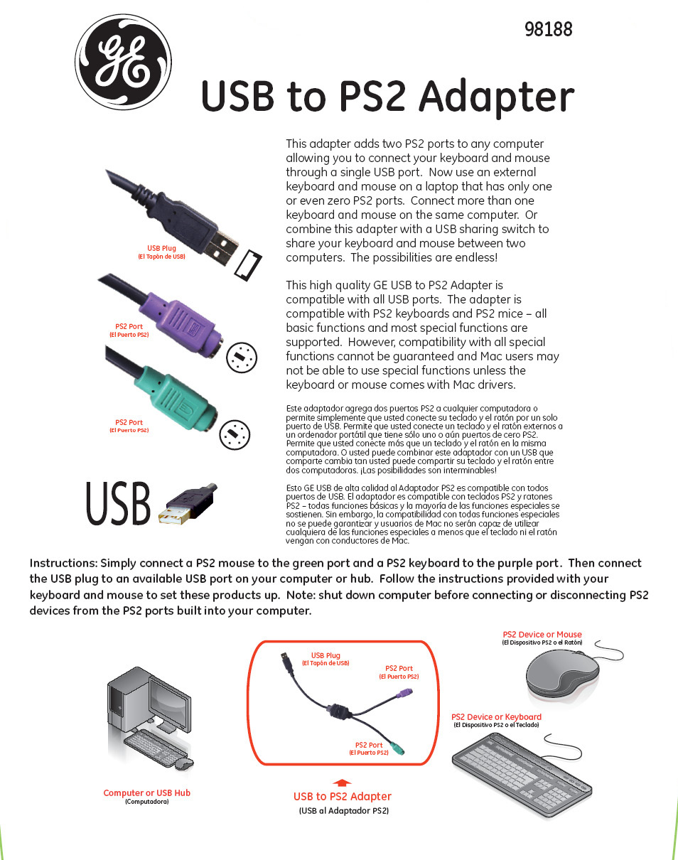 GE 98188 GE USB Adapter USB to PS2 User Manual | 1 page