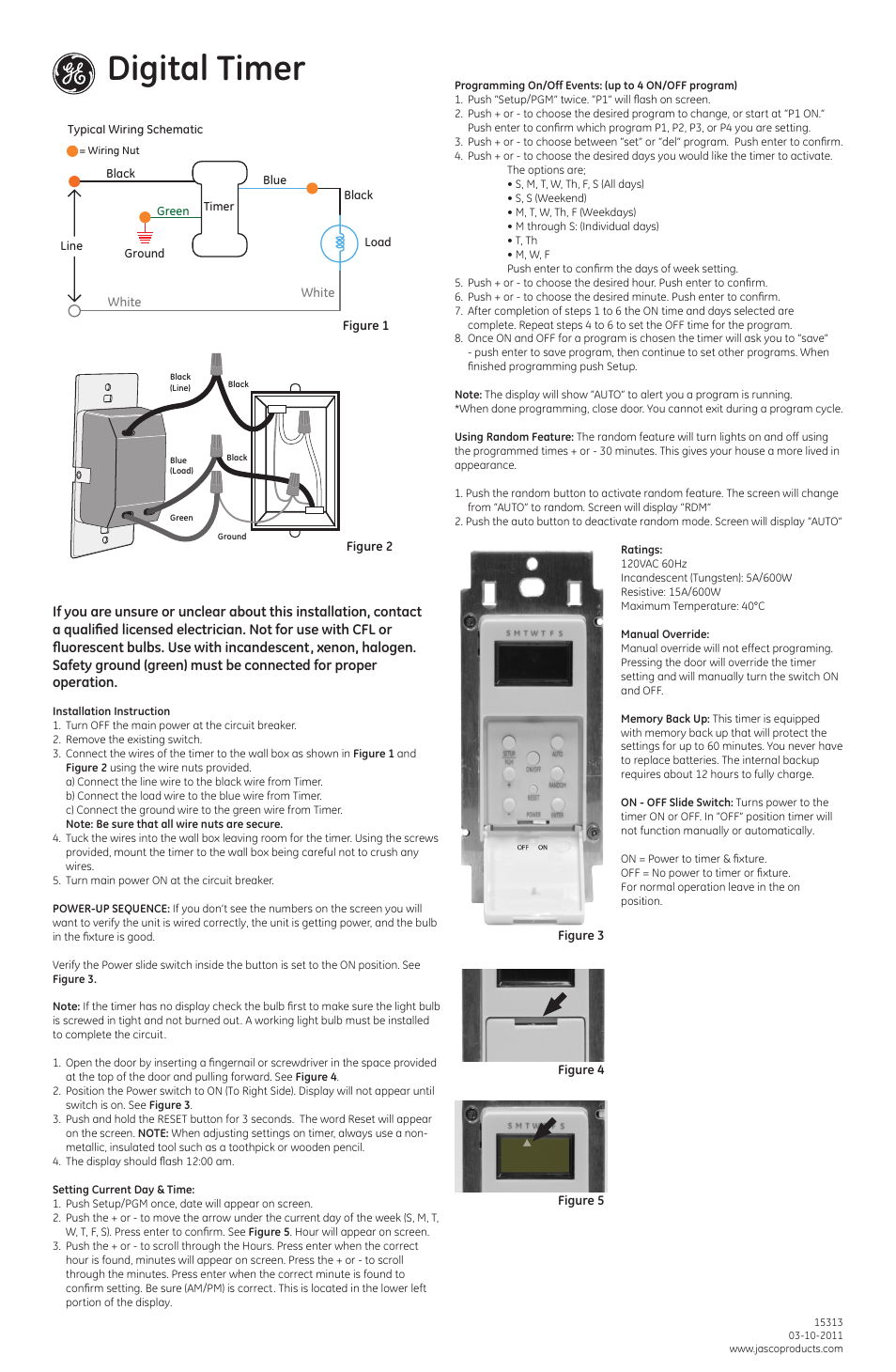 GE 15313 GE 7-Day In-Wall Digital Timer User Manual | 2 pages