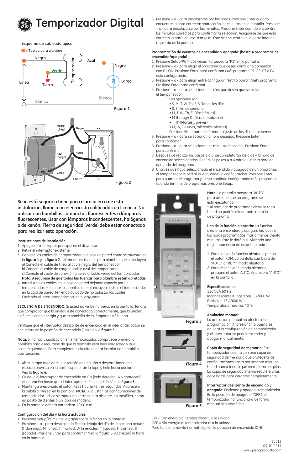 Temporizador digital | GE 15313 GE 7-Day In-Wall Digital Timer User Manual | Page 2 / 2