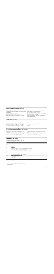Fonction maintien au chaud, Sélectionner le foyer au moyen du symbole ( ), Anti-effacement | Remarque, Limitation automatique du temps, Réglages de base | Neff T13D85N0 User Manual | Page 17 / 40