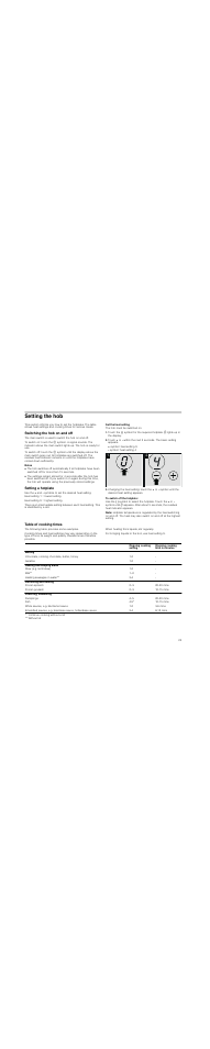 Setting the hob, Switching the hob on and off, Notes | Setting a hotplate, Set the heat setting, Symbol: heat setting 9, Symbol: heat setting 4, To switch off the hotplate, Note, Table of cooking times | Neff T13D85N0 User Manual | Page 23 / 40