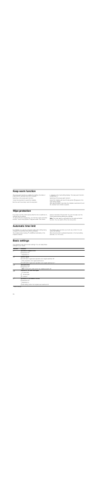 Keep warm function, Use the ( ) symbol to select the hotplate, In the next 5 seconds, touch the l symbol | Wipe protection, Note, Automatic time limit, Basic settings | Neff T13D85N0 User Manual | Page 26 / 40