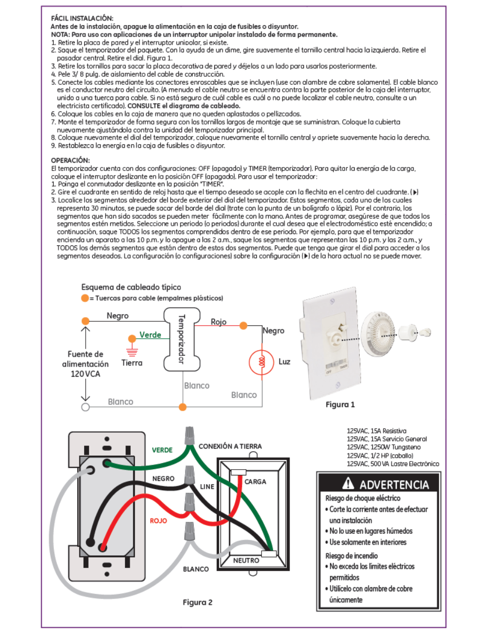 Figura 1, A advertencia, Advertencia | GE 15325 In-Wall 24 Hour Mechanical Timer User Manual | Page 2 / 3