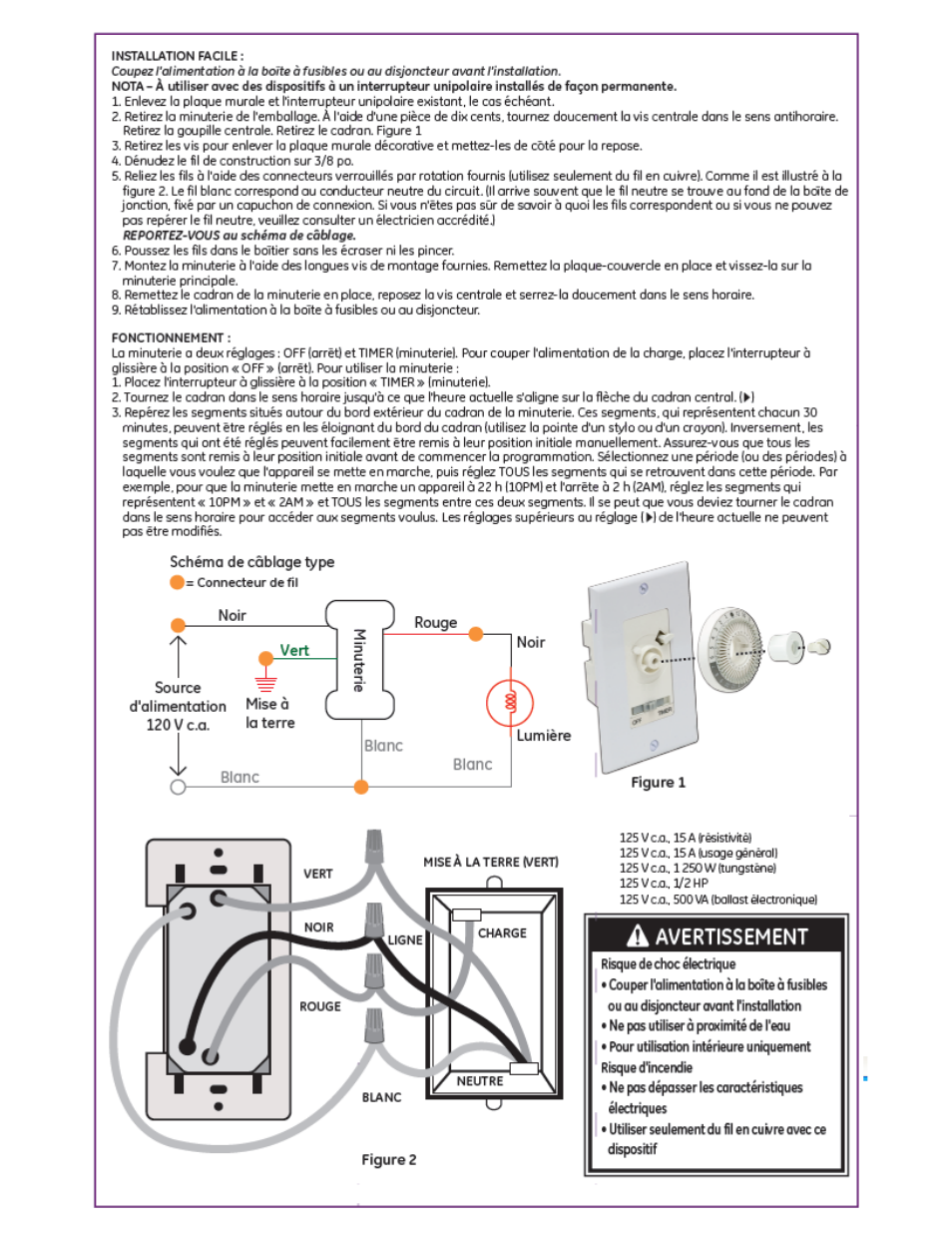 A avertissement | GE 15325 In-Wall 24 Hour Mechanical Timer User Manual | Page 3 / 3