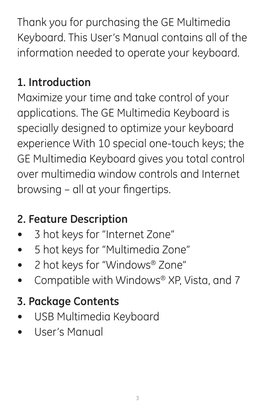 Zone” • compatible with windows | GE 98091 version 2 GE Wired Multimedia Keyboard User Manual | Page 3 / 10
