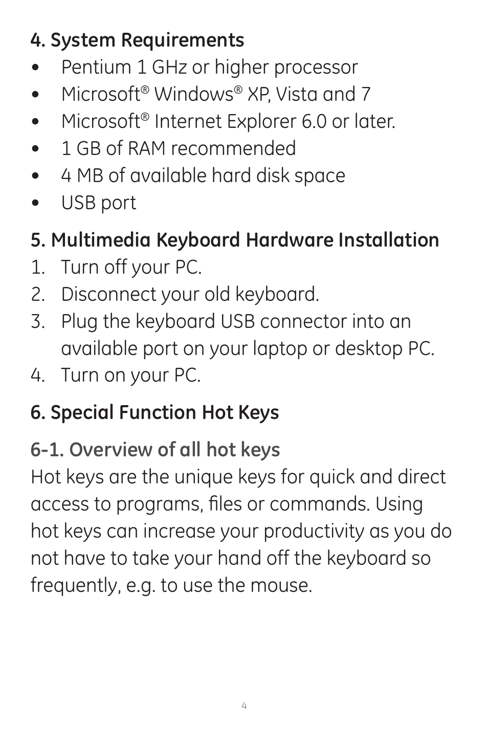 Windows, Xp, vista and 7 • microsoft | GE 98091 version 2 GE Wired Multimedia Keyboard User Manual | Page 4 / 10