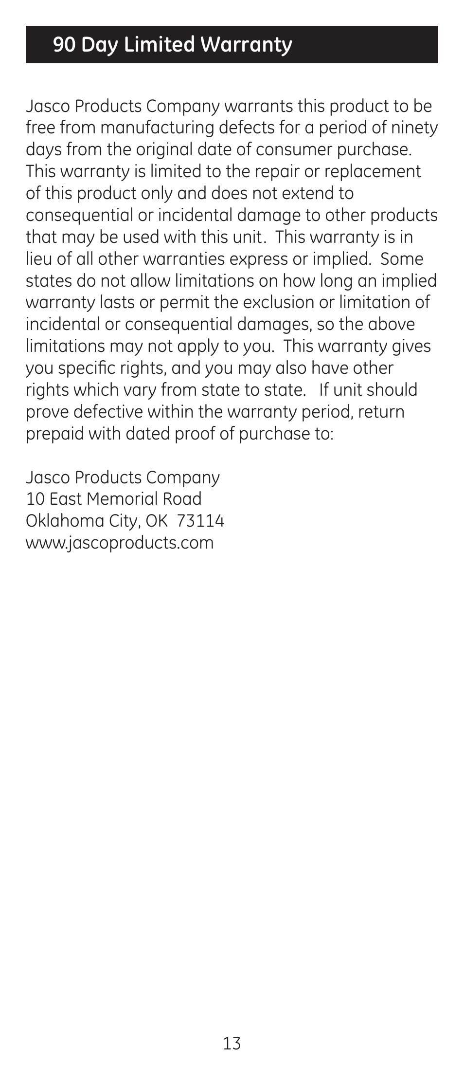90 day limited warranty | GE 24929-v2 Universal Remote User Manual | Page 13 / 42