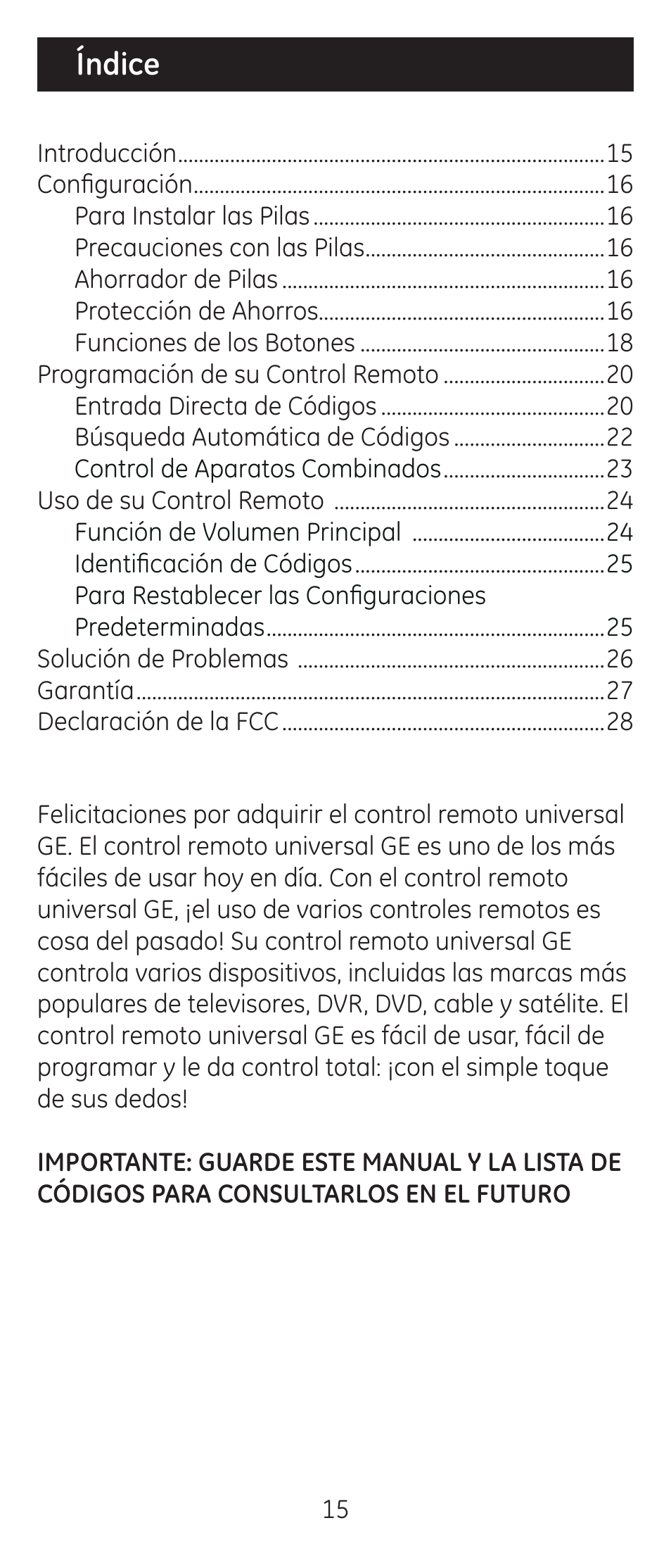 Índice | GE 24929-v2 Universal Remote User Manual | Page 15 / 42