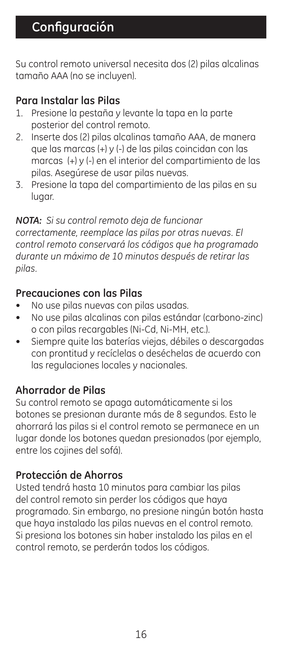 Configuración | GE 24929-v2 Universal Remote User Manual | Page 16 / 42
