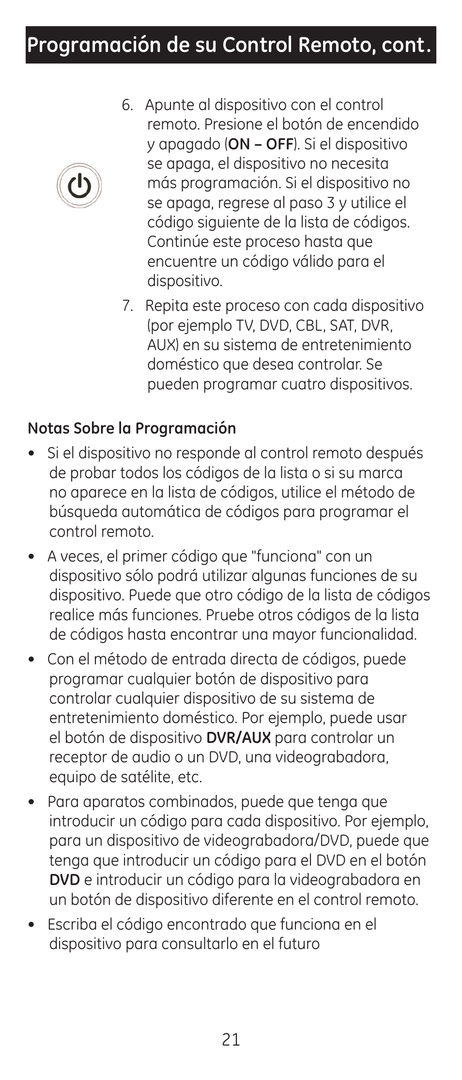 Programación de su control remoto, cont | GE 24929-v2 Universal Remote User Manual | Page 21 / 42