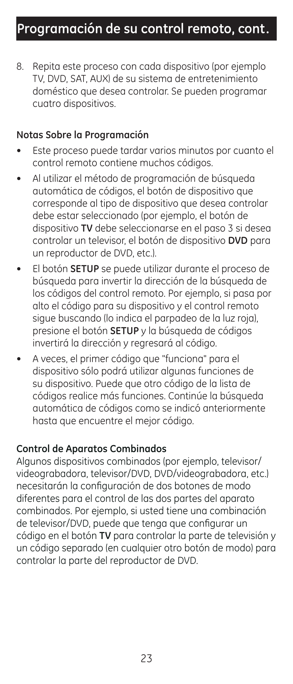 Programación de su control remoto, cont | GE 24929-v2 Universal Remote User Manual | Page 23 / 42