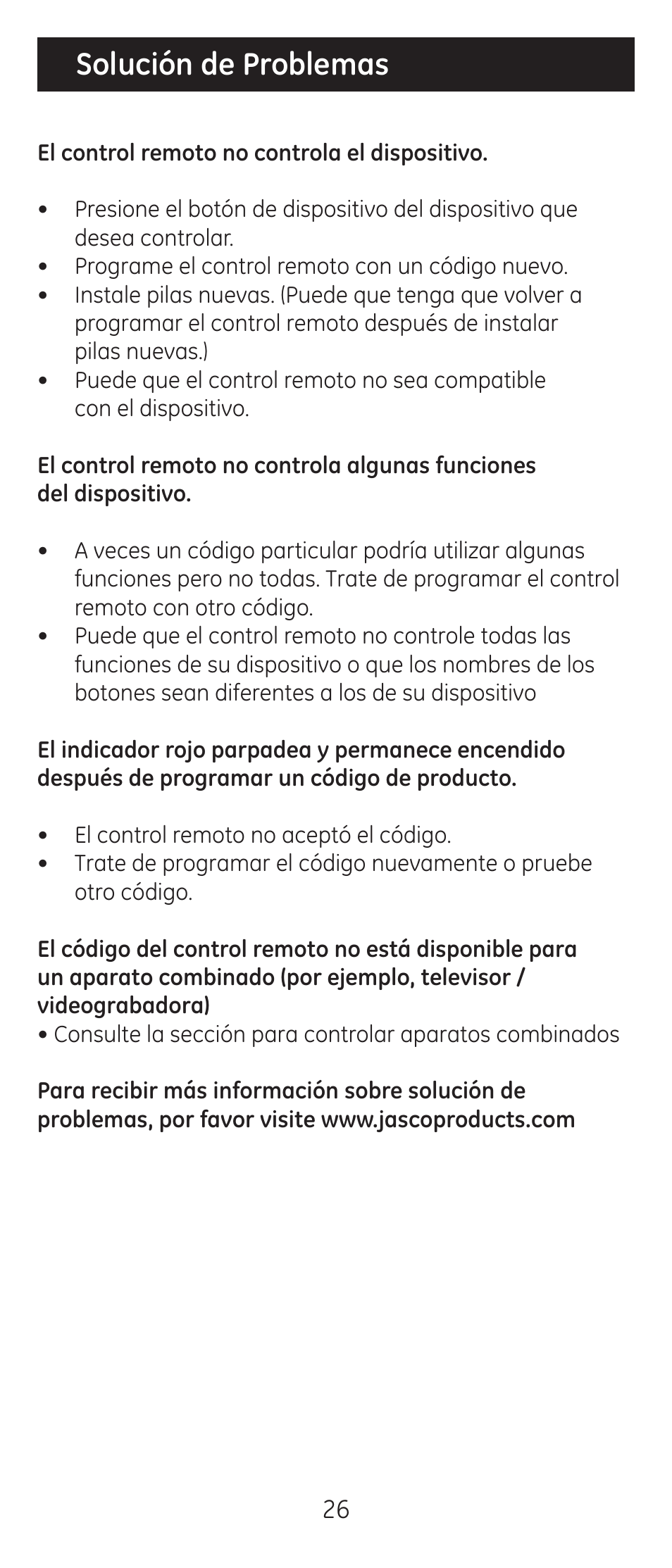 Solución de problemas | GE 24929-v2 Universal Remote User Manual | Page 26 / 42