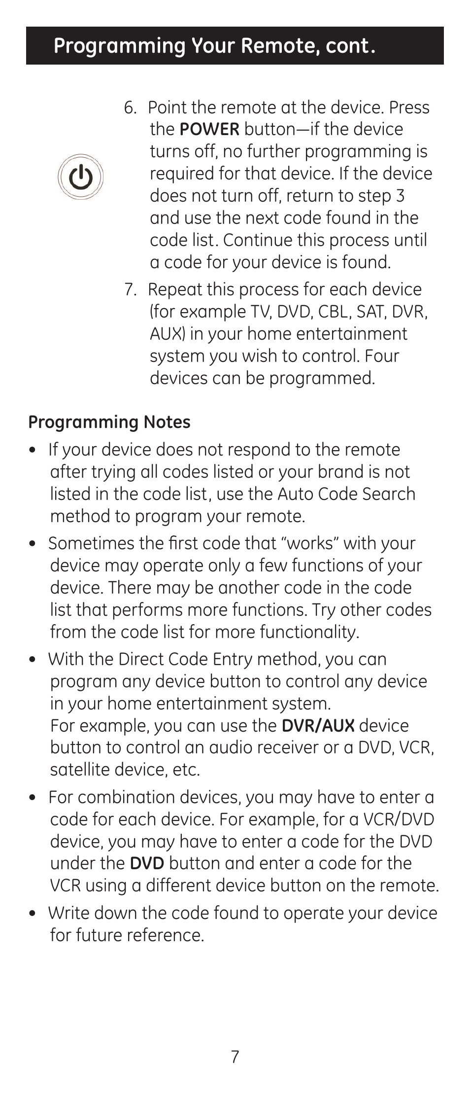 Programming your remote, cont | GE 24929-v2 Universal Remote User Manual | Page 7 / 42