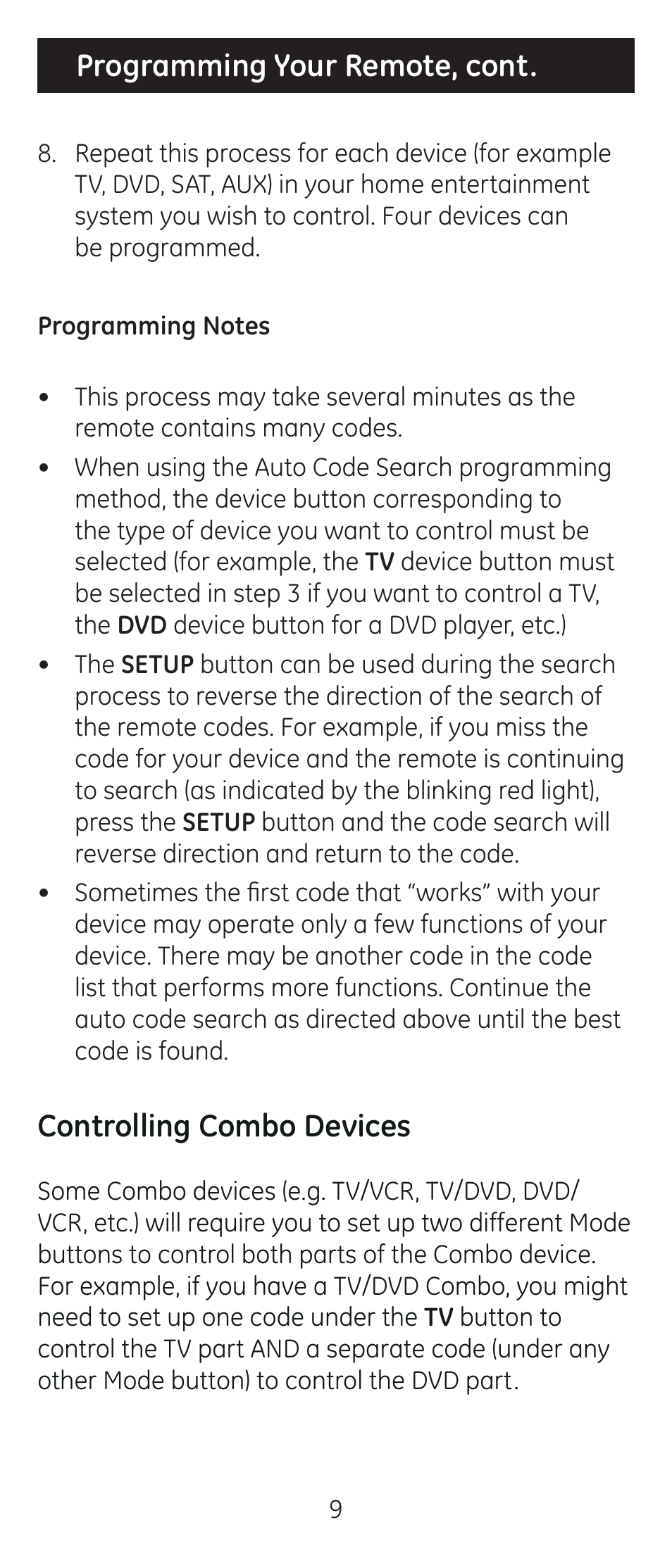 Programming your remote, cont, Controlling combo devices | GE 24929-v2 Universal Remote User Manual | Page 9 / 42