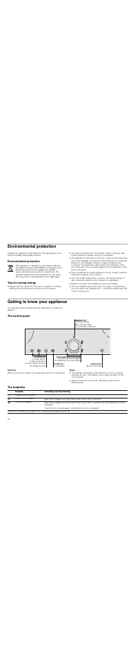 Environmental protection, Tips for saving energy, Getting to know your appliance | The control panel, Controls, Notes, The hotplates, Environmental protection tips for saving energy | Neff T14T90N0 User Manual | Page 24 / 44