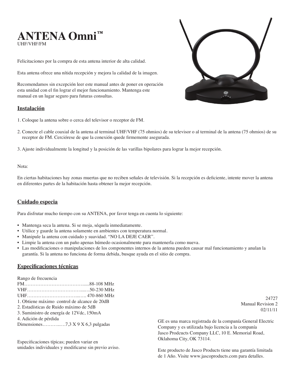 Antena omni | GE 24727 GE Omni Amplified TV Antenna User Manual | Page 2 / 2