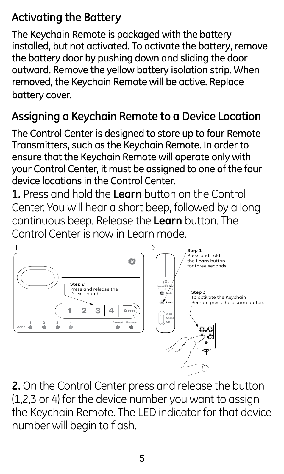 Activating the battery, Assigning a keychain remote to a device location | GE 45144 GE Choice Alert Key-chain Remote User Manual | Page 5 / 12