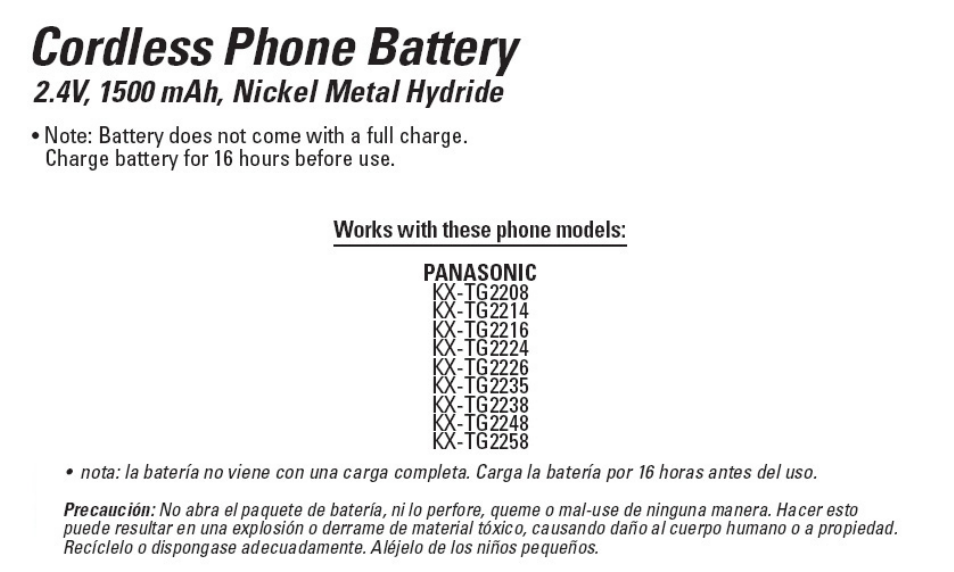 GE 26423 GE Cordless Phone Battery User Manual | 1 page