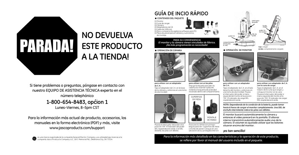 Parada, No devuelva este producto a la tienda, Guía de incio rápido | GE 45255 Quick Start Guide User Manual | Page 2 / 2