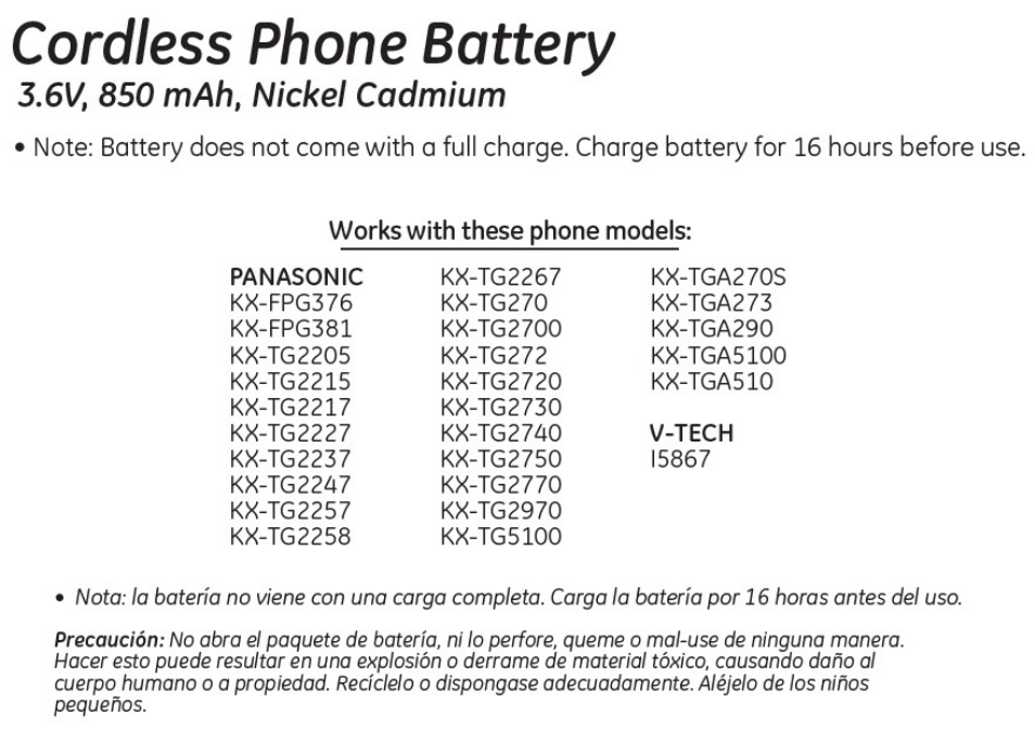GE 26400 GE Cordless Phone Battery User Manual | 1 page