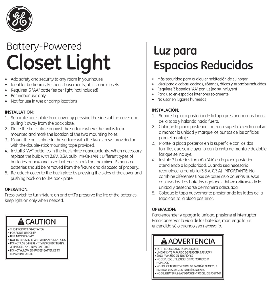 GE 54831 GE Closet Light Switch 2 pack User Manual | 1 page