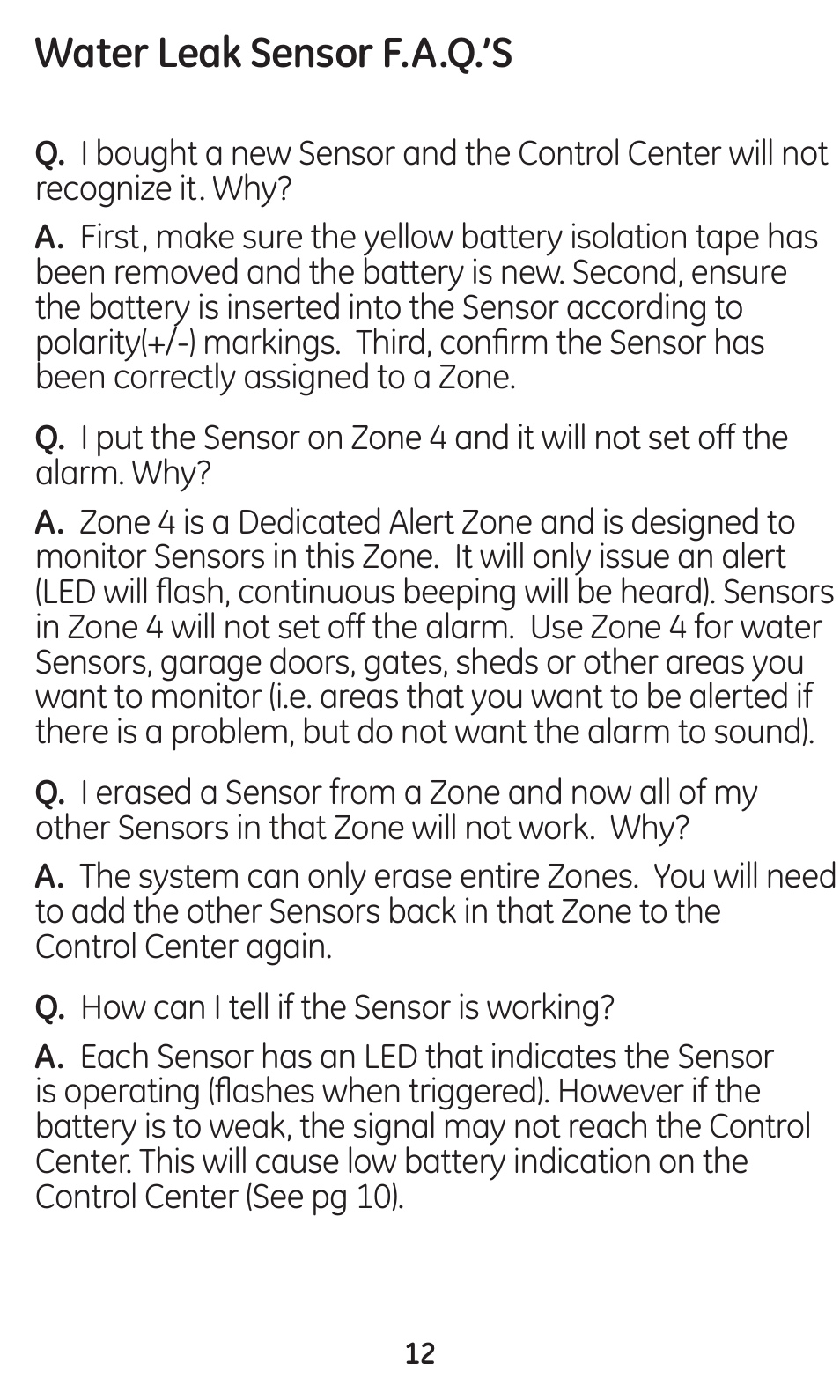 Water leak sensor f.a.q.’s | GE 45133 GE Choice Alert Water Leak Sensor User Manual | Page 12 / 16