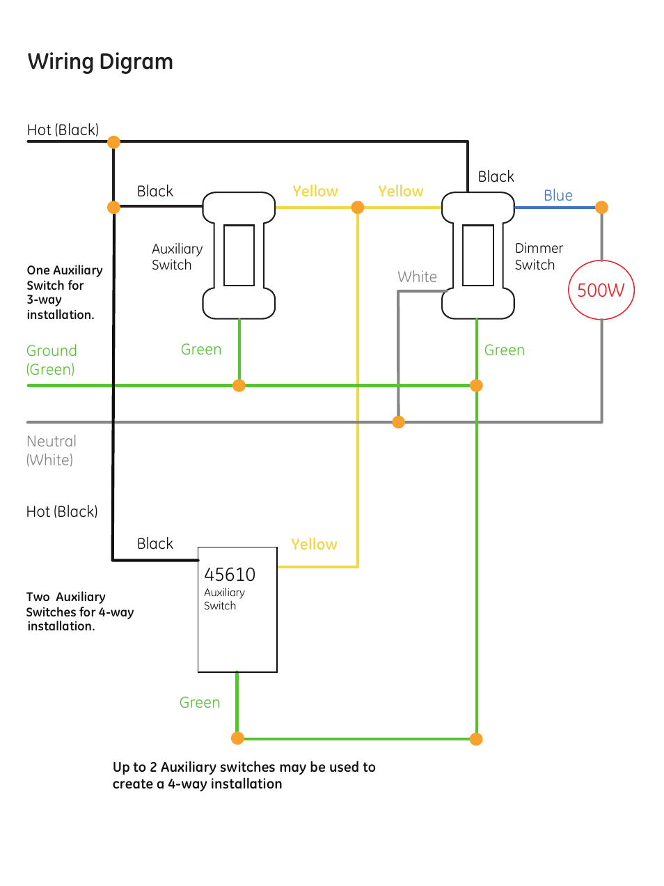 Wiring digram, 500w | GE 45613 GE Z-Wave 3-Way Dimmer Kit with flying leads User Manual | Page 10 / 24