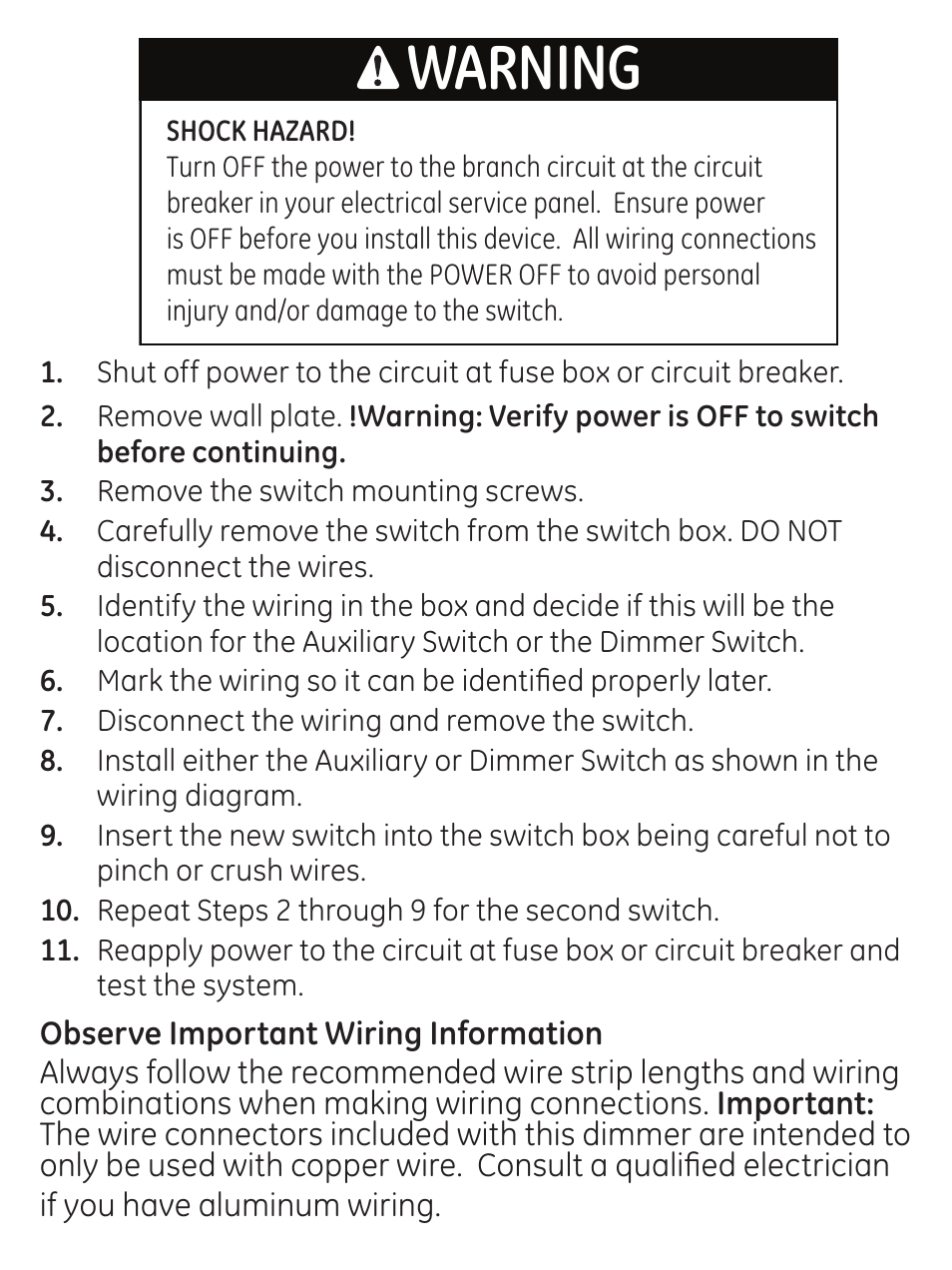 Warning | GE 45613 GE Z-Wave 3-Way Dimmer Kit with flying leads User Manual | Page 14 / 24