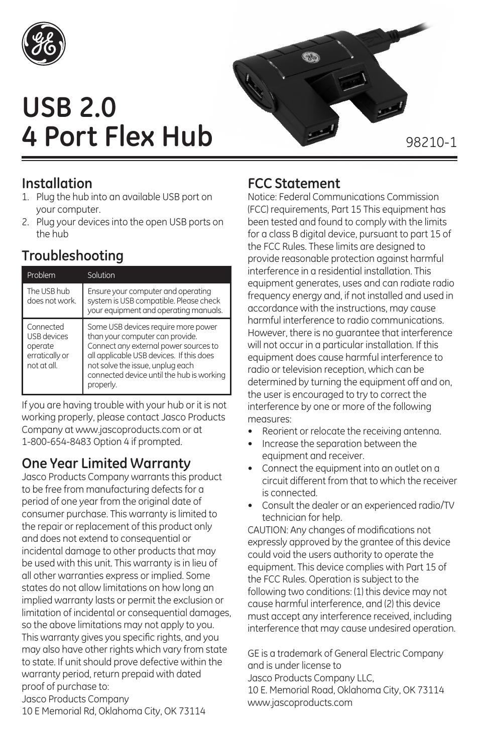 GE 98210 GE USB 2.0 4-Port Flex Hub User Manual | 2 pages