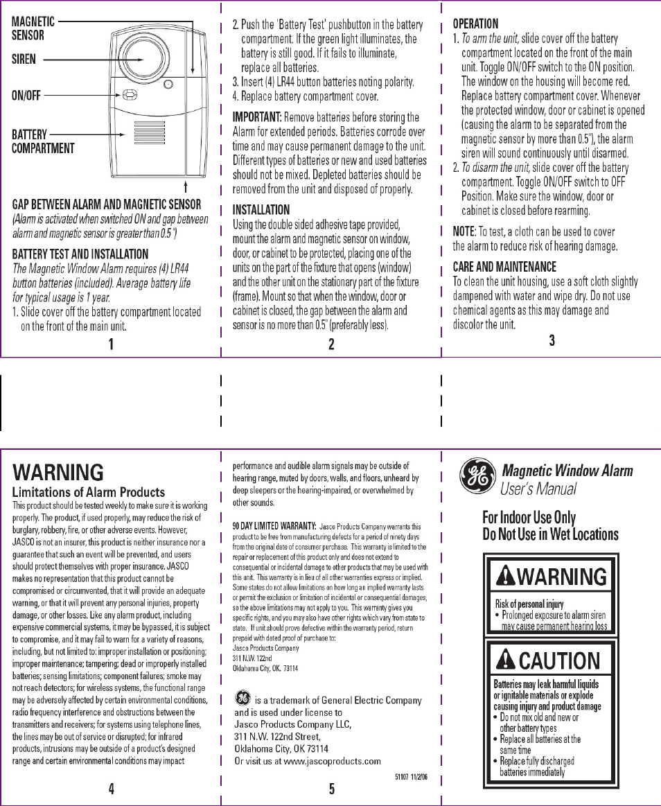 GE 45115 GE Personal Security Window or Door Alarm 2 pack User Manual | 1 page