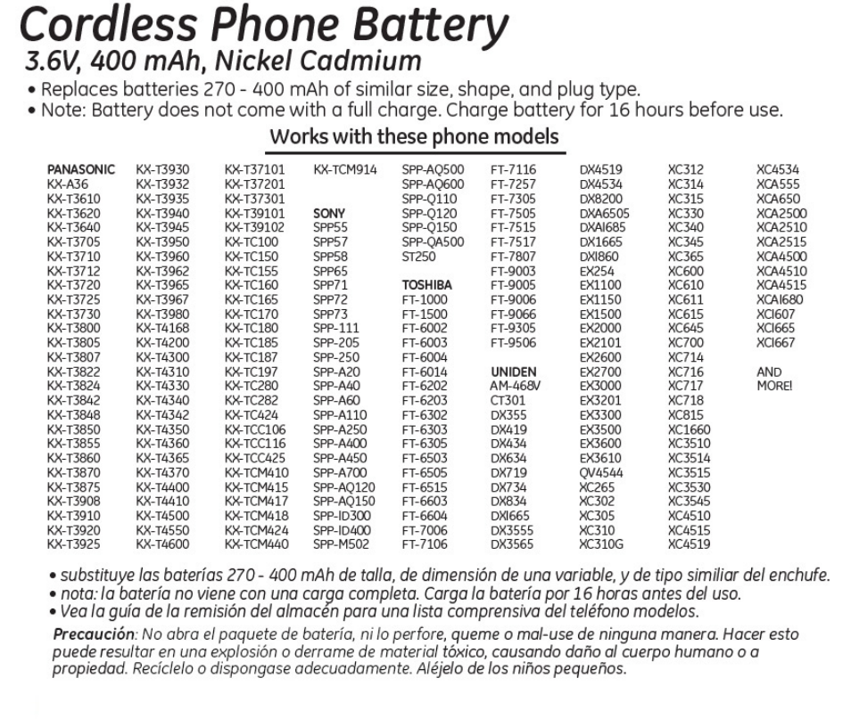 GE 26156 GE Cordless Phone Battery User Manual | 1 page