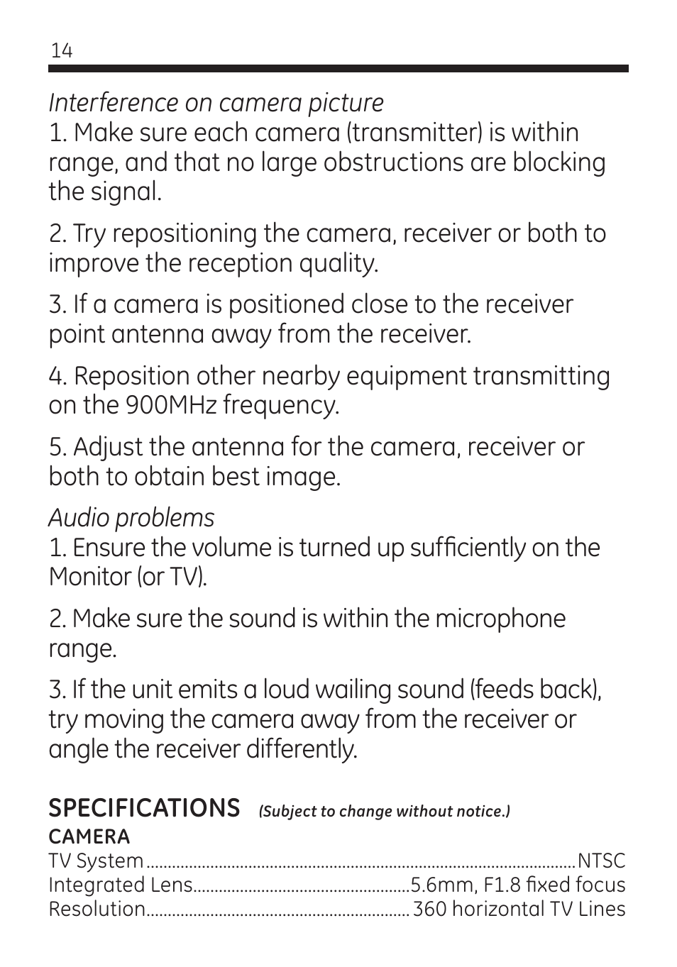 GE 45260 GE Home Monitoring Wireless Color Camera System with Receiver User Manual | Page 14 / 16