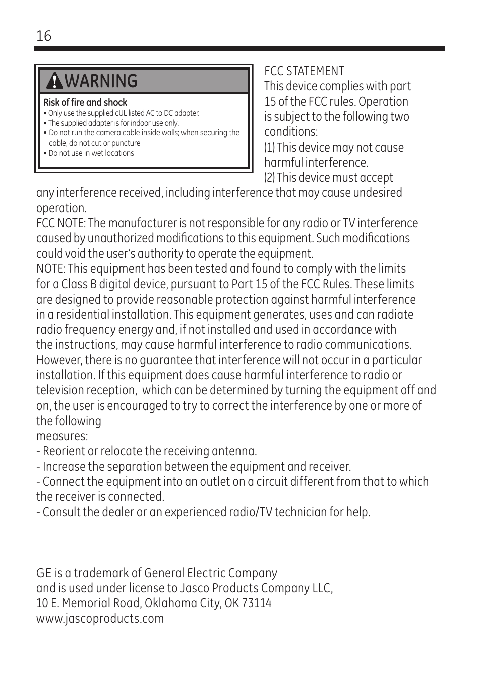 Warning, Advertencia | GE 45260 GE Home Monitoring Wireless Color Camera System with Receiver User Manual | Page 16 / 16