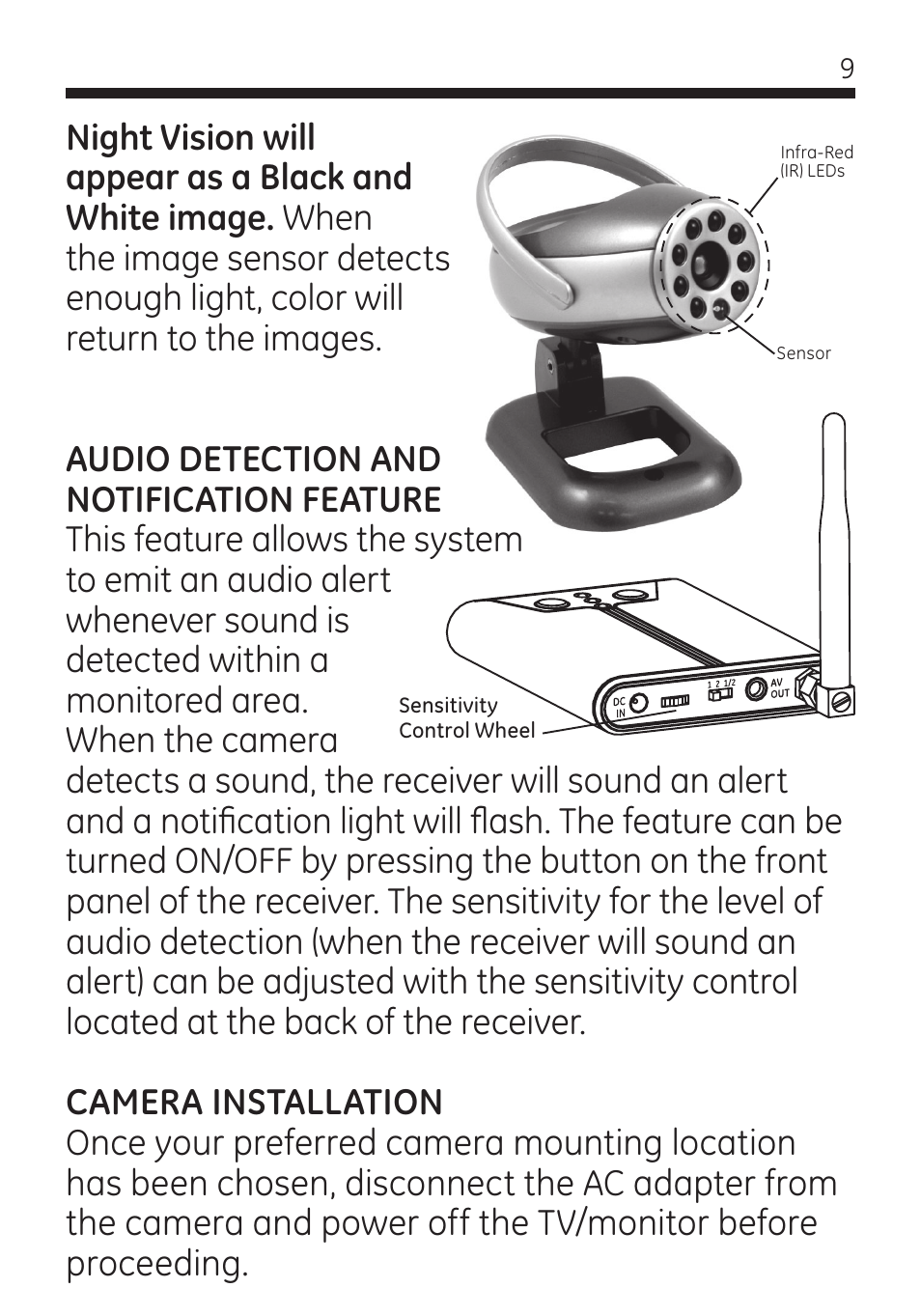 GE 45260 GE Home Monitoring Wireless Color Camera System with Receiver User Manual | Page 9 / 16