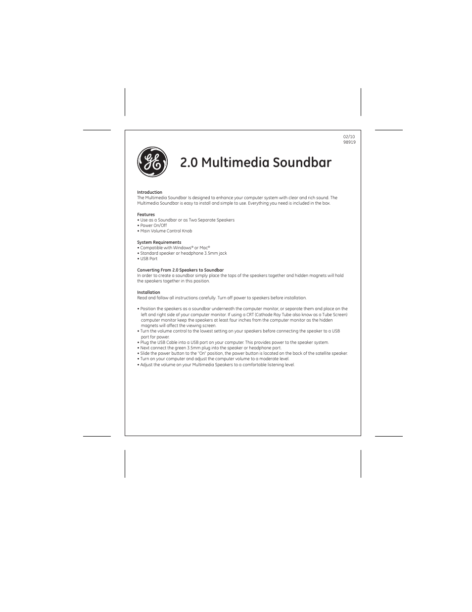 GE 98919 GE Multimedia Soundbar User Manual | 2 pages