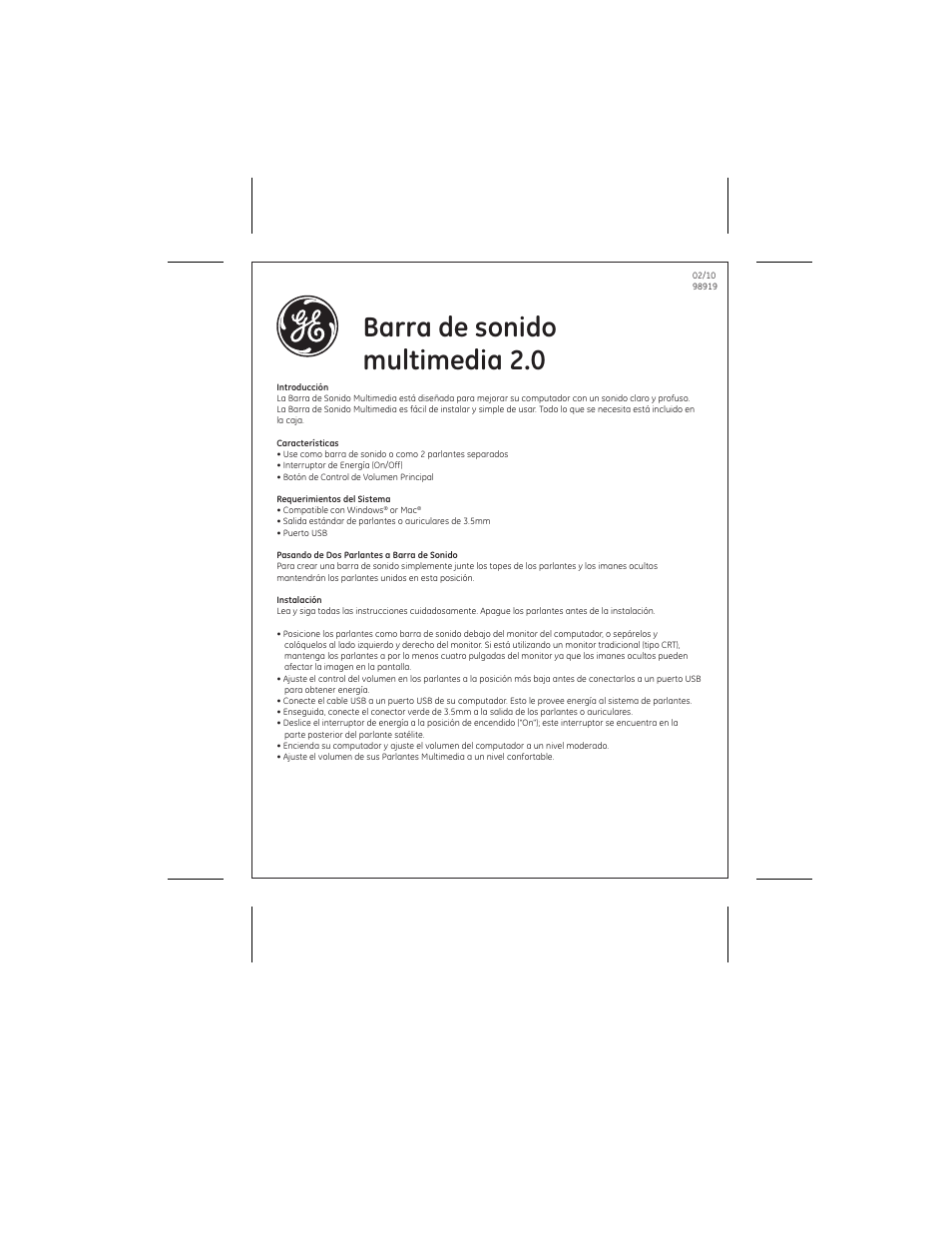 Barra de sonido multimedia 2.0 | GE 98919 GE Multimedia Soundbar User Manual | Page 2 / 2