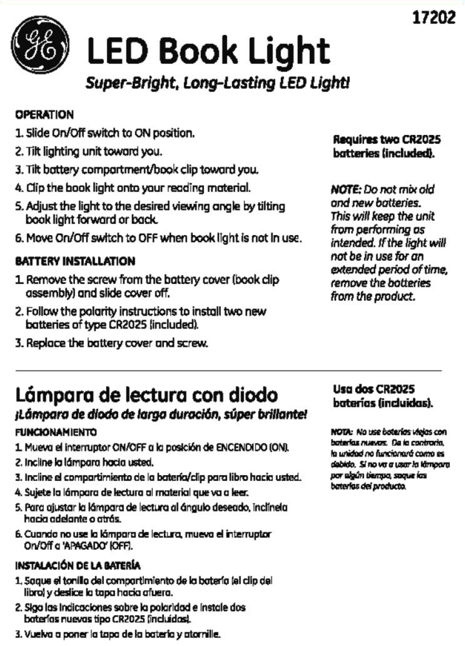 GE 17202 GE LED Book Light User Manual | 1 page