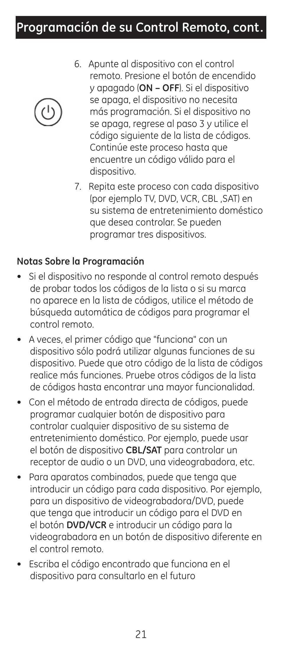 Programación de su control remoto, cont | GE 24912-v2 GE Universal Remote User Manual | Page 21 / 44