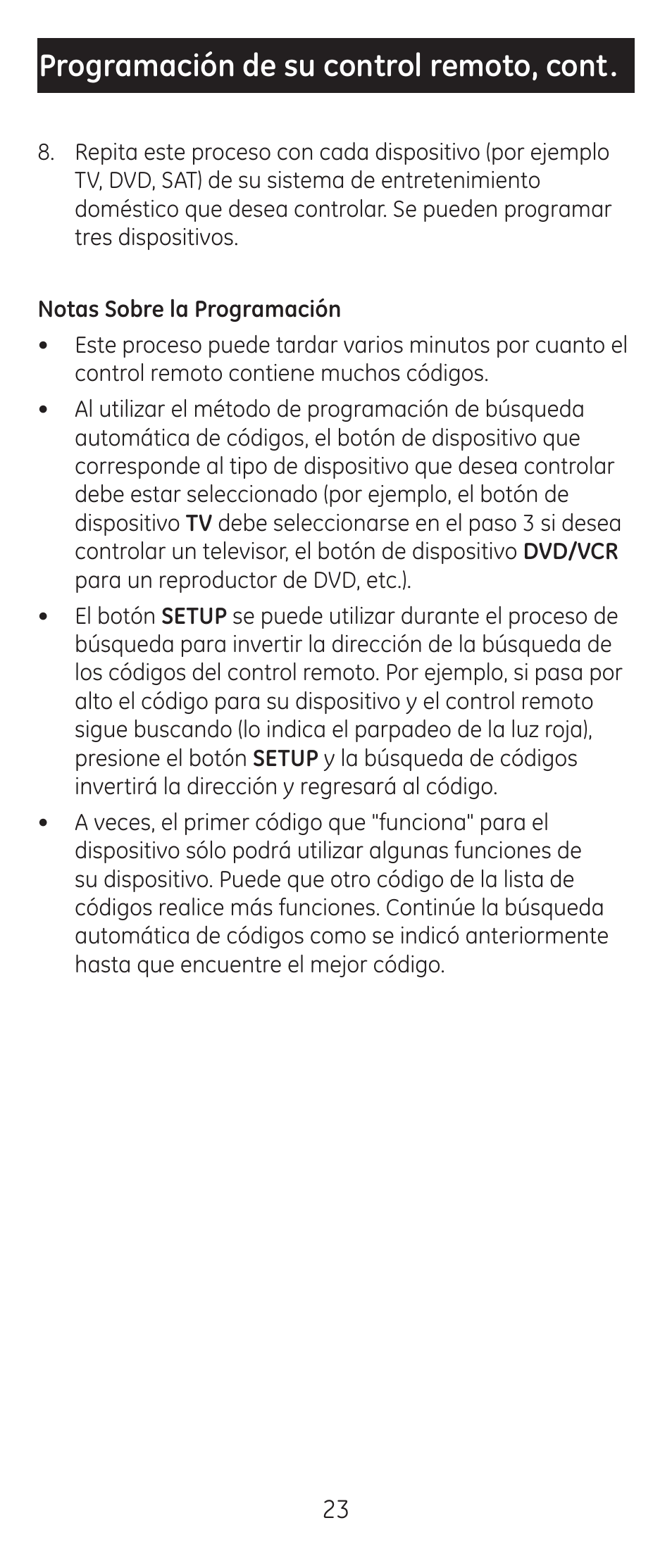 Programación de su control remoto, cont | GE 24912-v2 GE Universal Remote User Manual | Page 23 / 44