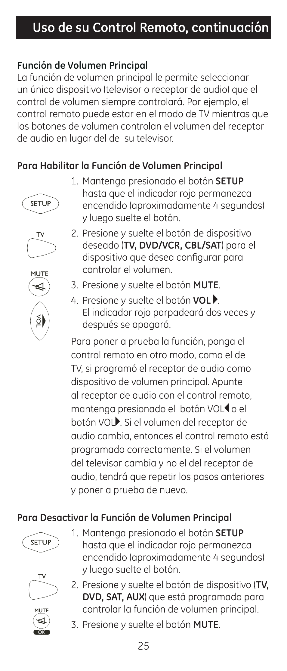 Uso de su control remoto, continuación | GE 24912-v2 GE Universal Remote User Manual | Page 25 / 44