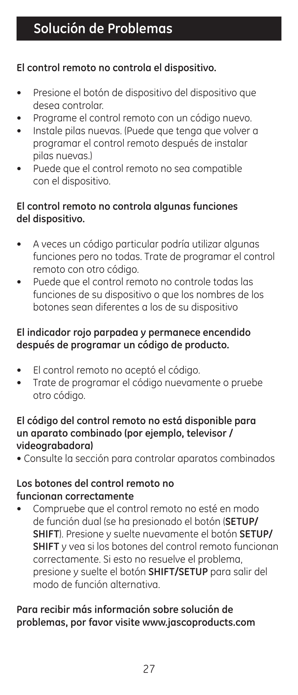 Solución de problemas | GE 24912-v2 GE Universal Remote User Manual | Page 27 / 44