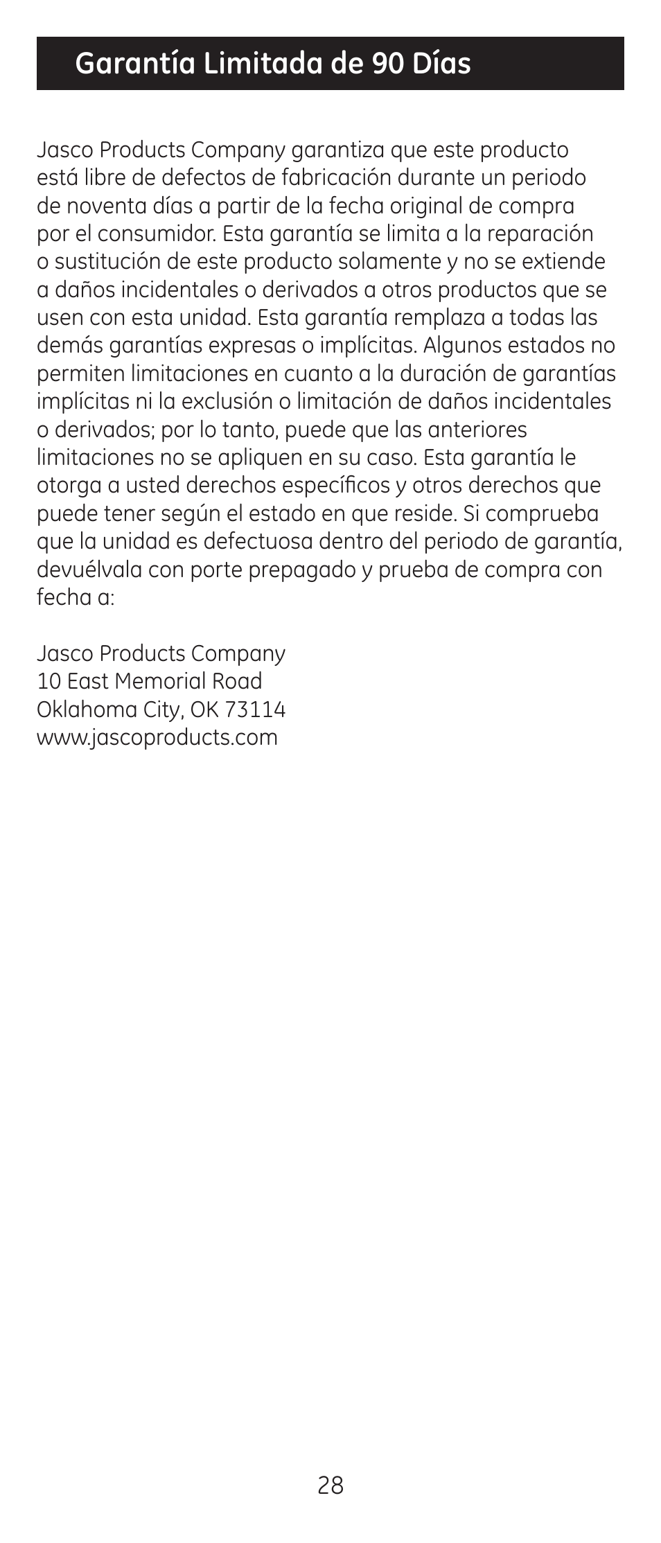 Garantía limitada de 90 días | GE 24912-v2 GE Universal Remote User Manual | Page 28 / 44