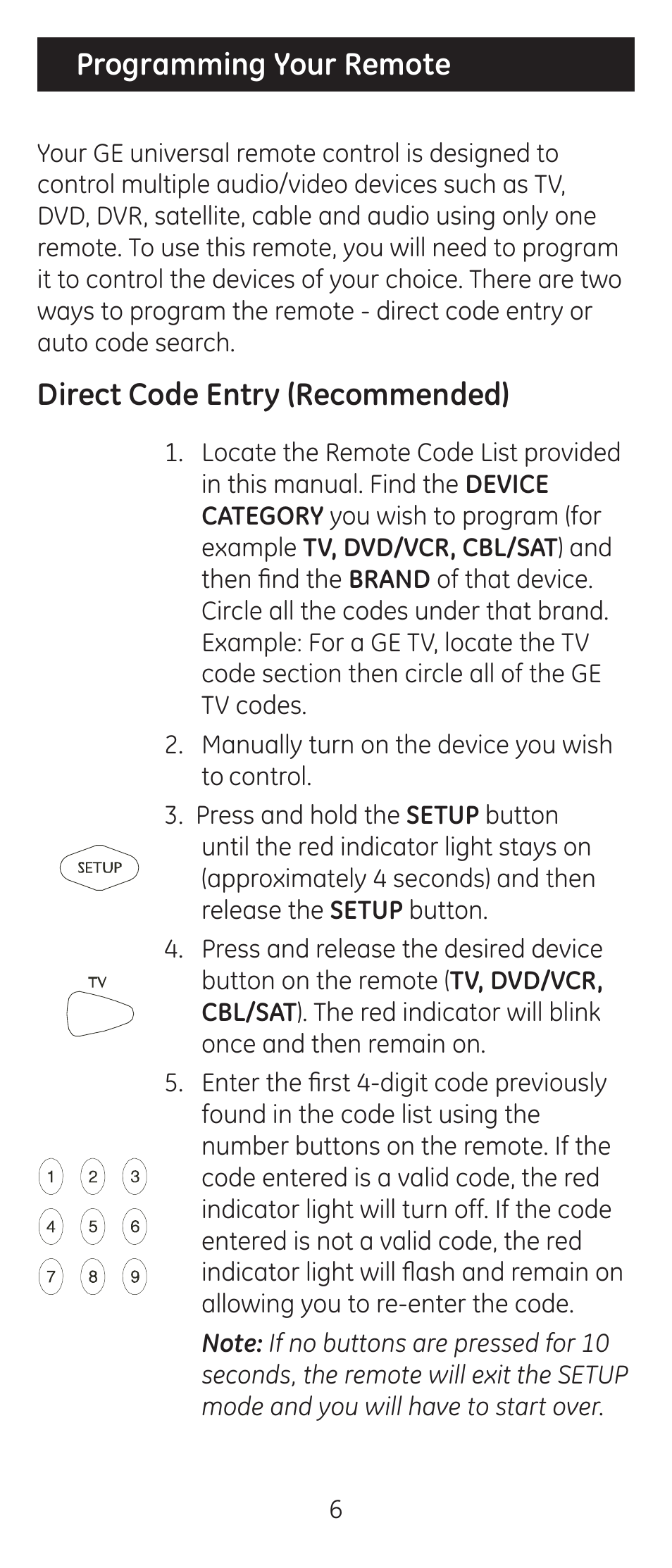 Programming your remote, Direct code entry (recommended) | GE 24912-v2 GE Universal Remote User Manual | Page 6 / 44