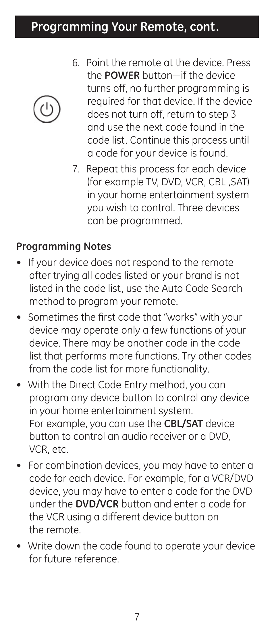 Programming your remote, cont | GE 24912-v2 GE Universal Remote User Manual | Page 7 / 44