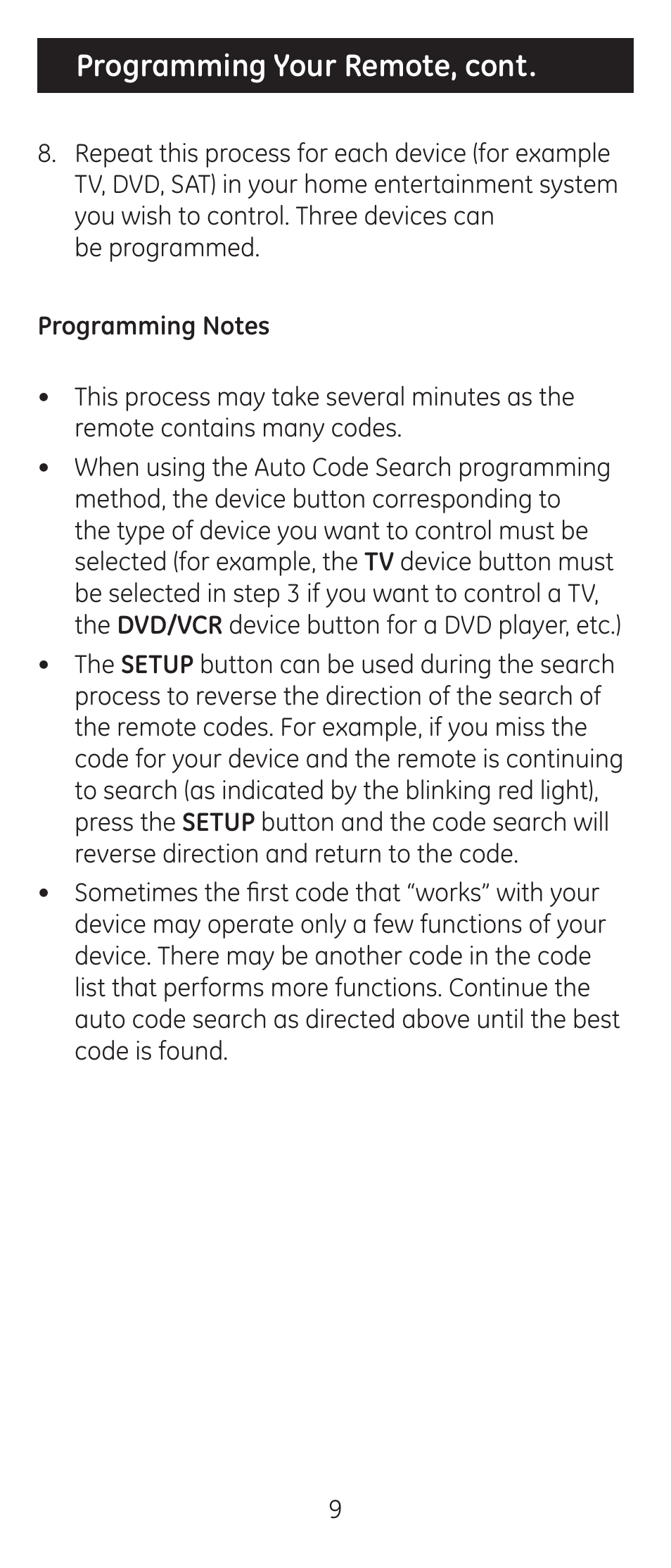 Programming your remote, cont | GE 24912-v2 GE Universal Remote User Manual | Page 9 / 44