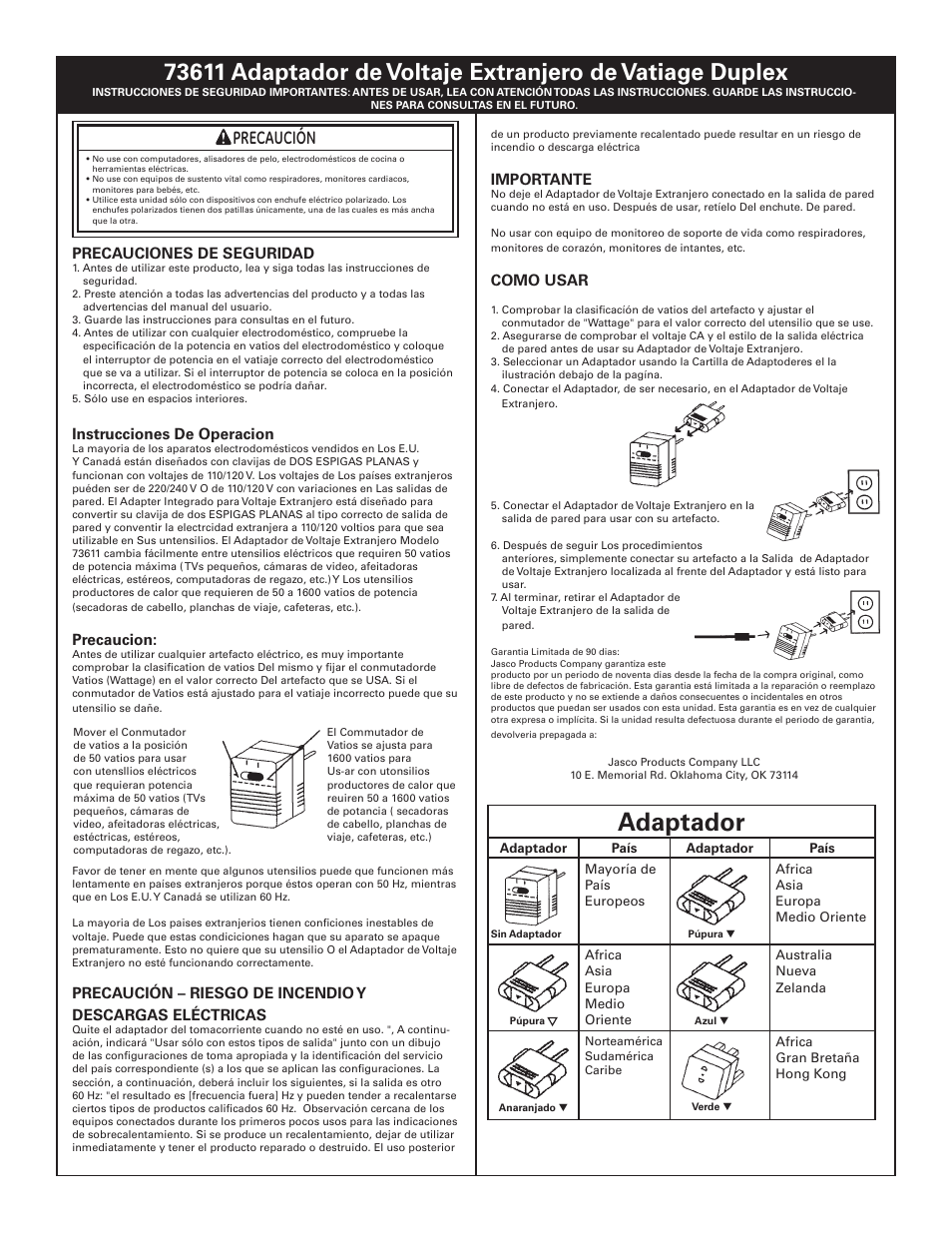 Adaptador, Precaución, Precauciones de seguridad | Instrucciones de operacion, Precaucion, Importante, Como usar | GE 73611 Foreign Voltage Adapter User Manual | Page 2 / 2