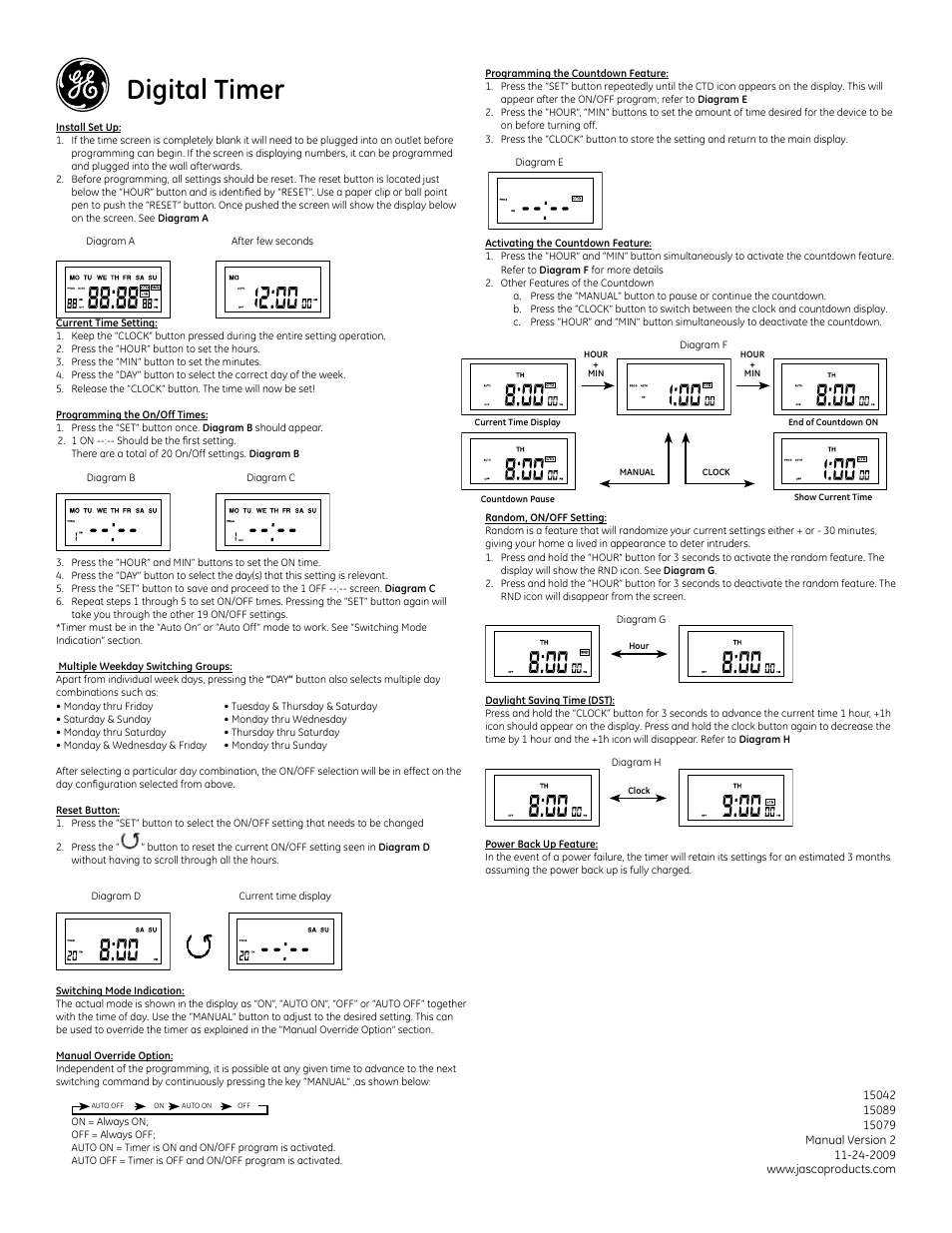 GE Plug-In Digital Timer 15042 User Manual | 2 pages