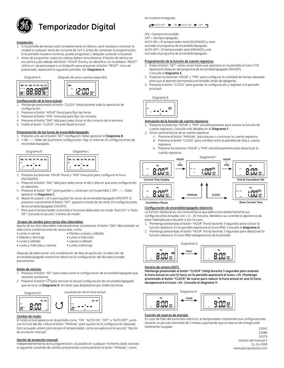Temporizador digital | GE Plug-In Digital Timer 15042 User Manual | Page 2 / 2