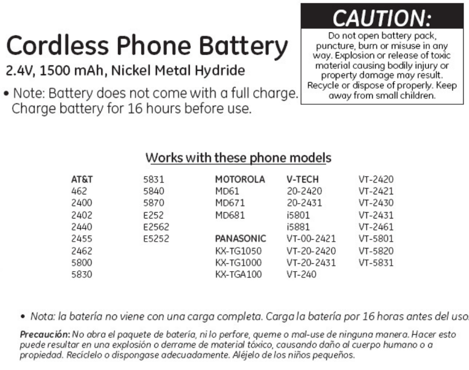 GE 26511 GE Cordless Phone Battery User Manual | 1 page