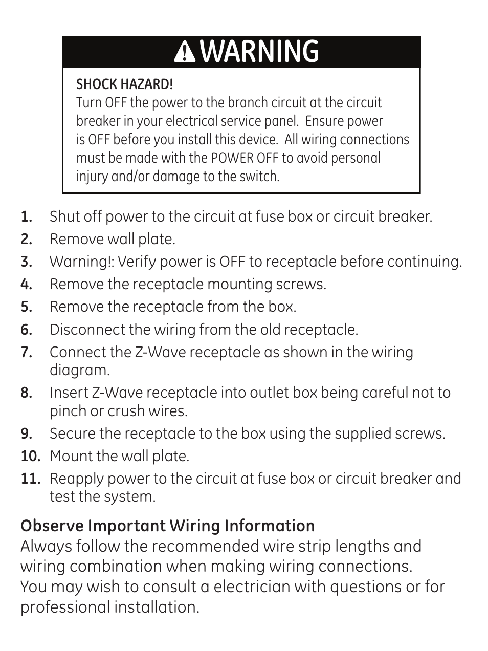 Warning | GE 45605 GE Z-Wave Duplex Receptacle User Manual | Page 11 / 20